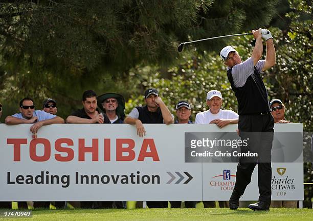Curtis Strange tees off on during the first round of the Toshiba Classic at Newport Beach Country Club on March 5, 2010 in Newport Beach, California.