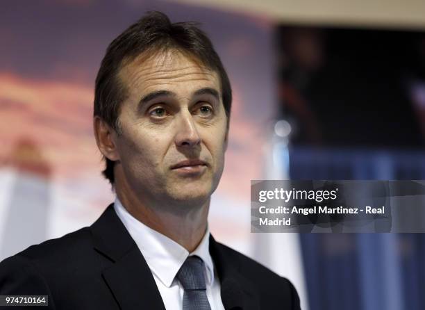 New Real Madrid head coach Julen Lopetegui talks to the media during his presentation at Santiago Bernabeu stadium on June 14, 2018 in Madrid, Spain.