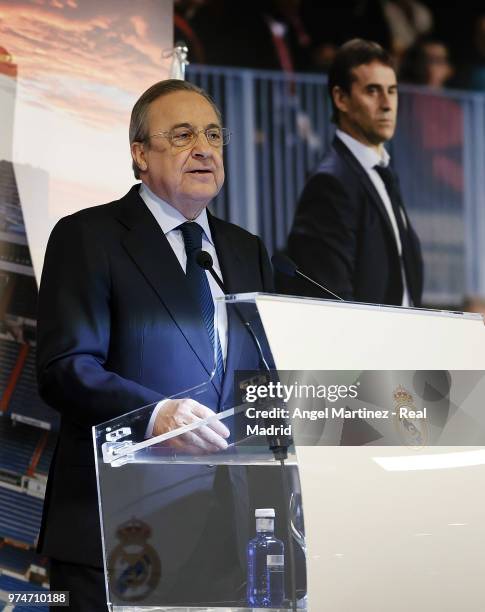 Real Madrid president Florentino Perez talks to the media during the presentation of the new Real Madrid head coach Julen Lopetegui at Santiago...