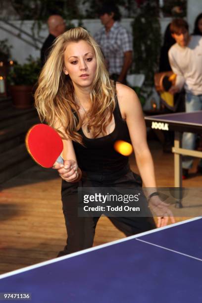 Kaley Cuoco plays ping-pong at the Pre-Oscar Ping Pong party hosted by Susan Sarandon and Spin New York at Mondrian Hotel on March 4, 2010 in West...