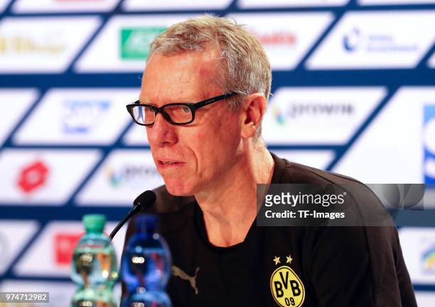 Head coach Peter Stoeger of Dortmund attends the press conference after the Bundesliga match between TSG 1899 Hoffenheim and Borussia Dortmund at...