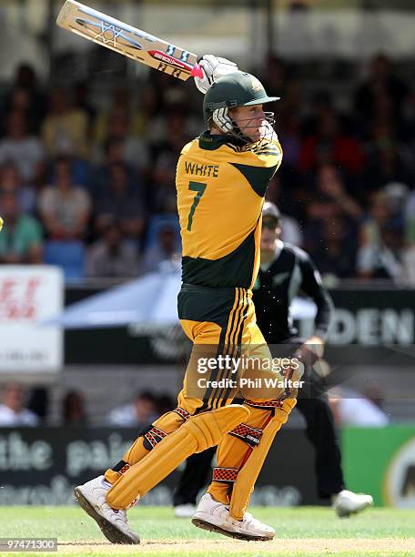 Cameron White of Australia bats during the Second One Day International match between New Zealand and Australia at Eden Park on March 6, 2010 in...
