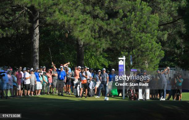 Tony Finau hits a tee shot on the 12th hole during the first round of the FedEx St. Jude Classic at TPC Southwind on June 7, 2018 in Memphis,...