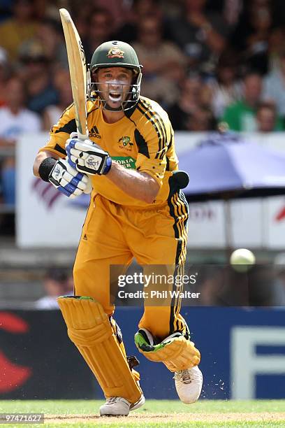 Michael Hussey of Australia bats during the Second One Day International match between New Zealand and Australia at Eden Park on March 6, 2010 in...