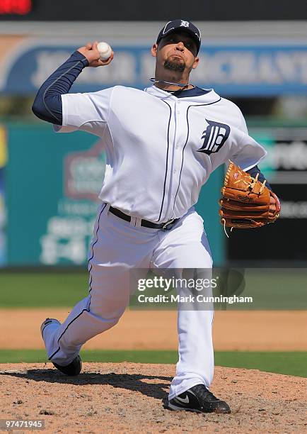 Joel Zumaya of the Detroit Tigers pitches against the Houston Astros during a spring training game at Joker Marchant Stadium on March 5, 2010 in...