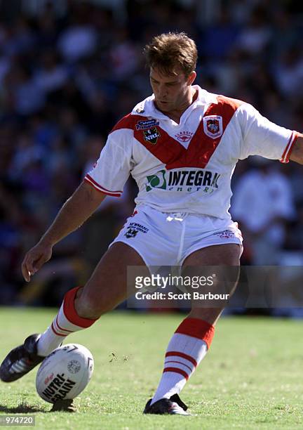 Wayne Bartrim of the Dragons kicks a goal during the Round 1 NRL Match between the Sharks and St George Illawarra Dragons played at Toyota Park,...