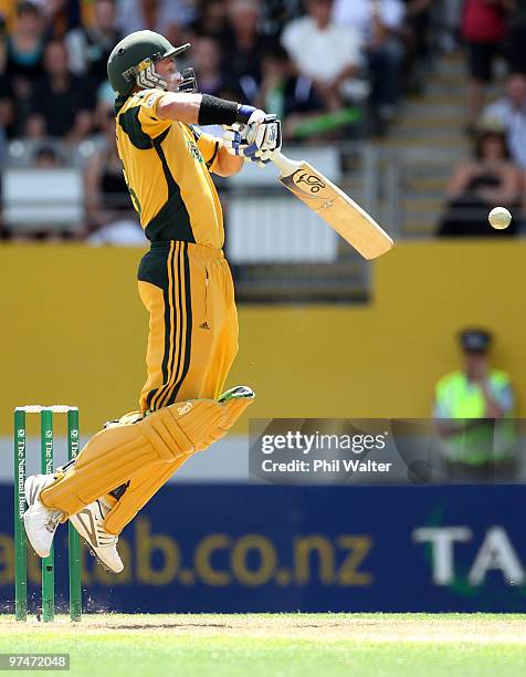 Michael Hussey of Australia bats during the Second One Day International match between New Zealand and Australia at Eden Park on March 6, 2010 in...