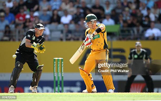 Brad Haddin of Australia bats during the Second One Day International match between New Zealand and Australia at Eden Park on March 6, 2010 in...