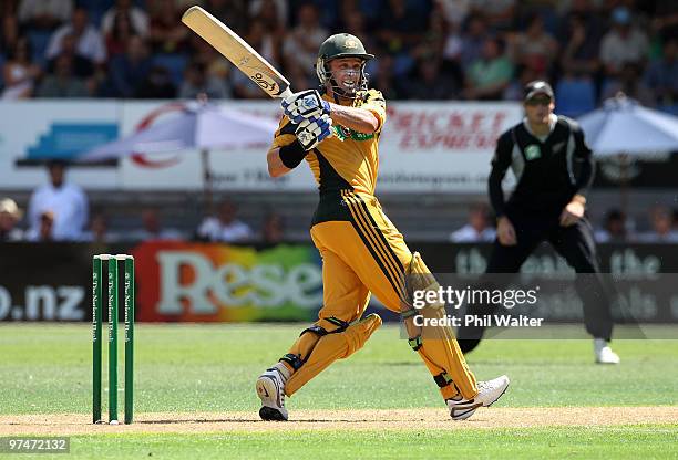 Michael Hussey of Australia bats during the Second One Day International match between New Zealand and Australia at Eden Park on March 6, 2010 in...