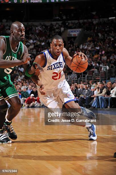 Thaddeus Young of the Philadelphia 76ers drives against Kevin Garnett of the Boston Celtics during the game on March 5, 2010 at the Wachovia Center...