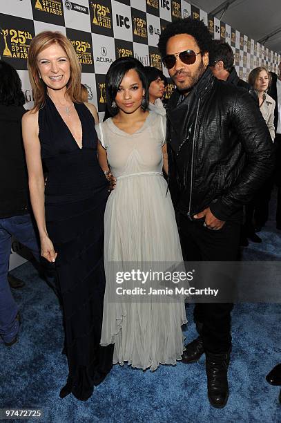Executive Director of Film Independent Dawn Hudson, Zoe Kravitz and musician Lenny Kravitz arrive at the 25th Film Independent Spirit Awards held at...