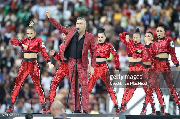Singer Robbie Williams performs during the Opening Ceremony during the 2018 FIFA World Cup Russia group A match between Russia and Saudi Arabia at...