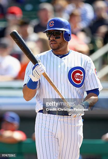 Aramis Ramirez of the Chicago Cubs at bat against the Oakland Athletics during the MLB spring training game at HoHoKam Park on March 4, 2009 in Mesa,...