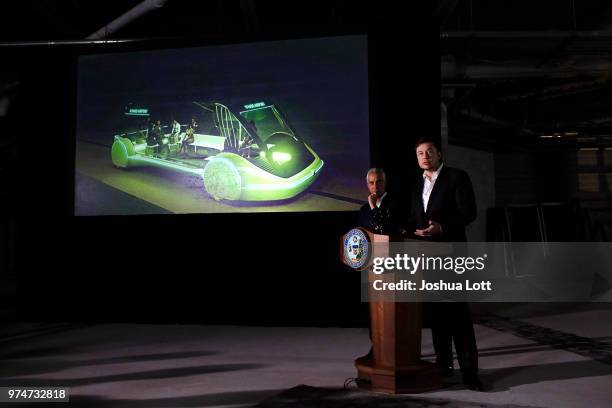 Chicago Mayor Rahm Emanuel listens to engineer and tech entrepreneur Elon Musk of The Boring Company talks about constructing a high speed transit...