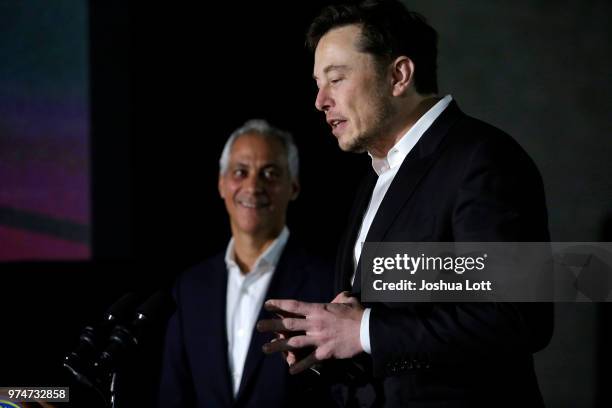 Chicago Mayor Rahm Emanuel listens to engineer and tech entrepreneur Elon Musk of The Boring Company talks about constructing a high speed transit...