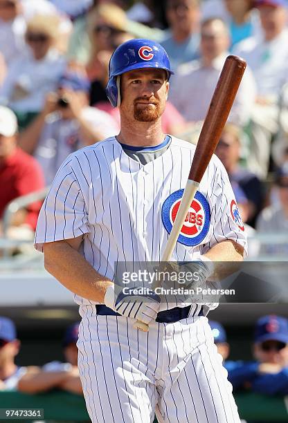 Chad Tracy of the Chicago Cubs at bat against the Oakland Athletics during the MLB spring training game at HoHoKam Park on March 4, 2009 in Mesa,...