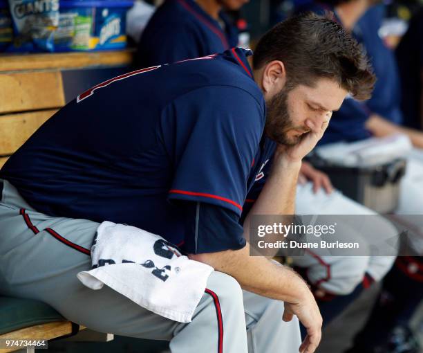 Starting pitcher Lance Lynn of the Minnesota Twins sits in the dugout during the third inning of a 3-1 loss to the Detroit Tigers at Comerica Park on...