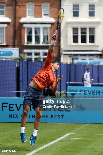 Grigor Dimitrov of Bulgaria serves in practice during preview Day 2 of the Fever-Tree Championships at Queens Club on June 14, 2018 in London, United...