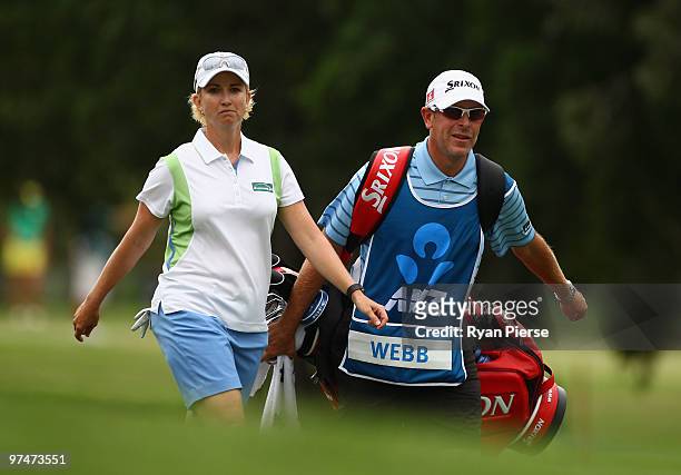 Karrie Webb of Australia walks down the 4th fairway during round three of the 2010 ANZ Ladies Masters at Royal Pines Resort on March 6, 2010 in Gold...