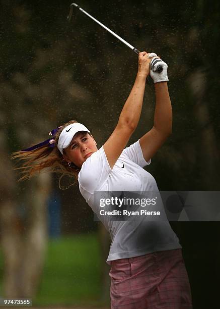 Amanda Blumenherst of the USA plays out of the bunker on the 6th hole during round three of the 2010 ANZ Ladies Masters at Royal Pines Resort on...