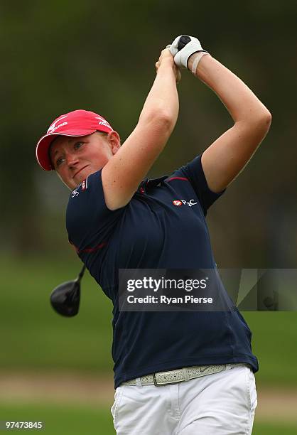 Stacy Lewis of the USA plays a fairway wood on the 3rd hole during round three of the 2010 ANZ Ladies Masters at Royal Pines Resort on March 6, 2010...