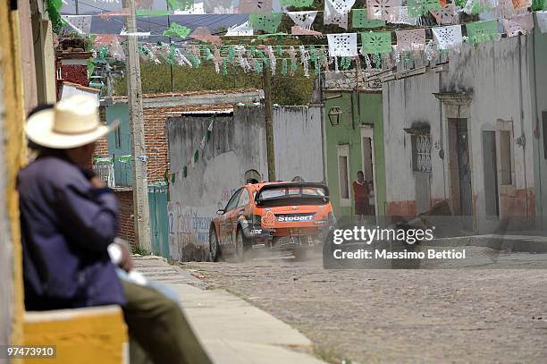 Henning Solberg of Norway and Ilka Minor of Austria compete in their Stobart Ford Focus during Leg 1 of the WRC Rally Mexico on March 5, 2010 in...