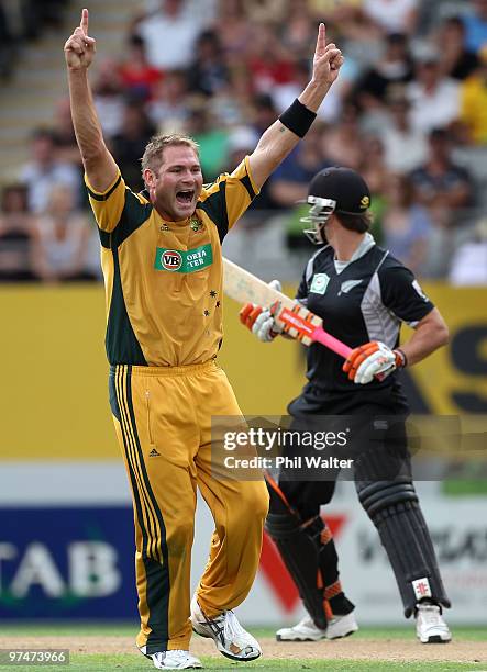 Ryan Harris of Australia celebrates his LBW of Neil Broom of New Zealand during the Second One Day International match between New Zealand and...