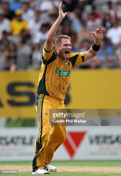 Ryan Harris of Australia celebrates his LBW of Peter Ingram of New Zealand during the Second One Day International match between New Zealand and...