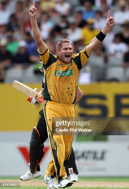 Ryan Harris of Australia celebrates his LBW of Neil Broom of New Zealand during the Second One Day International match between New Zealand and...