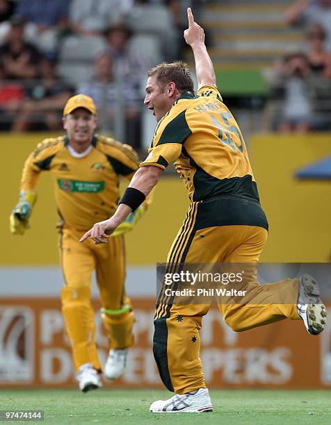 Ryan Harris of Australia celebrates his LBW of Neil Broom of New Zealand during the Second One Day International match between New Zealand and...