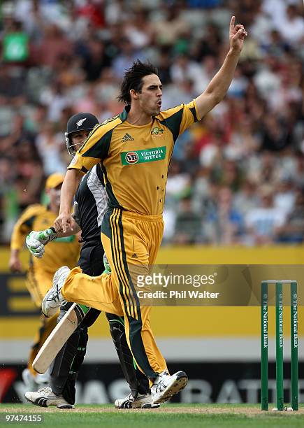 Mitchell Johnson of Australia celebrates his wicket of Brendon McCullum of New Zealand during the Second One Day International match between New...