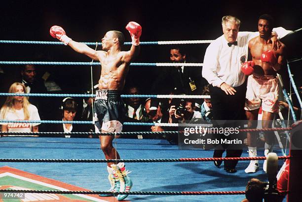 Chris Eubank celebrates his victory against Michael Watson in their second WBO Middleweight title fight, at White Hart Lane, London, 21st September...