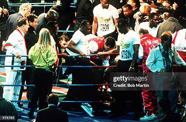 British boxer Michael Watson is treated after his second WBO Middleweight title fight against Chris Eubank at White Hart Lane, London, 21st September...