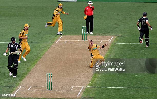 Ryan Harris of Australia celebrates his LBW of Peter Ingram of New Zealand during the Second One Day International match between New Zealand and...