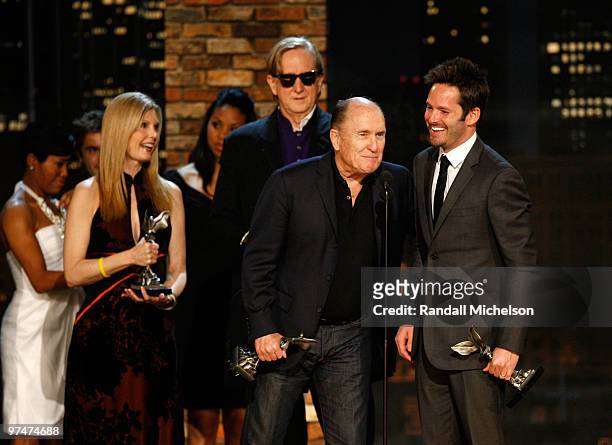 Actors Judy Cario, T-Bone Burnett, Robert Duall and writer/director Scott Cooper accept an award onstage at the 25th Film Independent Spirit Awards...