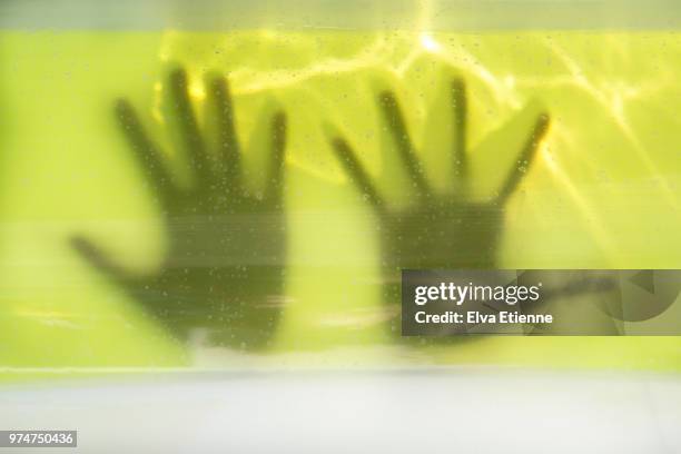 silhouette of human hands trapped underwater, seen through an inflatable swimming pool - plastic pool stockfoto's en -beelden