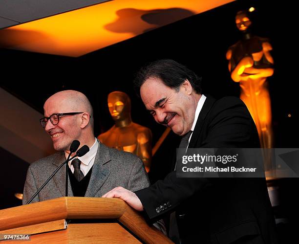 Director Jacques Audiard and director Oliver Stone attend the 82nd Annual Academy Awards Foreign Language Film Award Directors Reception at the...