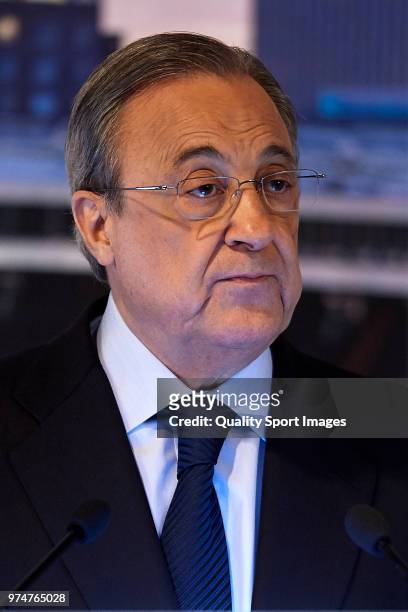 Florentino Perez, President of Real Madrid speaks before announcing Julen Lopetegui as new coach at Santiago Bernabeu Stadium on June 14, 2018 in...