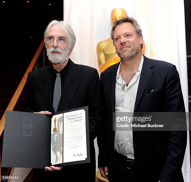 Director Michael Haneke and cinematographer Wally Pfister attend the 82nd Annual Academy Awards Foreign Language Film Award Directors Reception at...