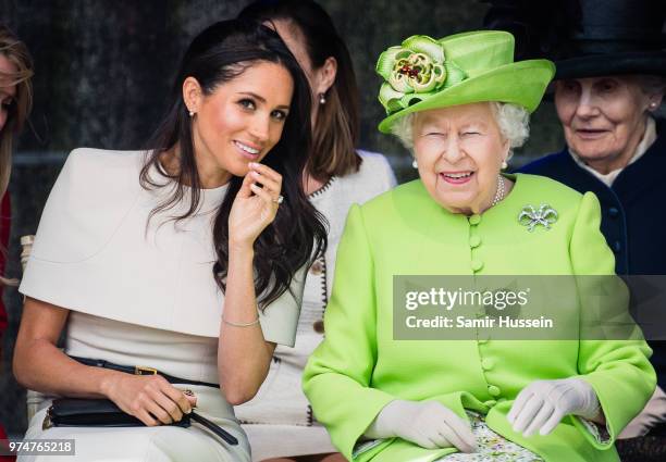 Meghan, Duchess of Sussex and Queen Elizabeth II open the new Mersey Gateway Bridge on June 14, 2018 in Widness, England.