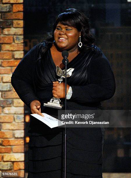 Actress Gabourey Sidibe accepts Best Female Lead for "Precious" onstage during the 25th Film Independent's Spirit Awards held at Nokia Event Deck at...