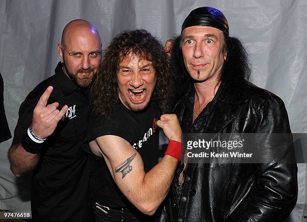 Musicians Glenn Five, Steve 'Lips' Kudlow and Robb Reiner of Anvil backstage at the 25th Film Independent's Spirit Awards held at Nokia Event Deck at...