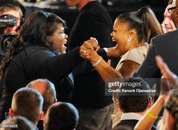 Actress Gabourey Sidibe, winner Best Female Lead for "Precious," and actress Mo'Nique onstage during the 25th Film Independent's Spirit Awards held...