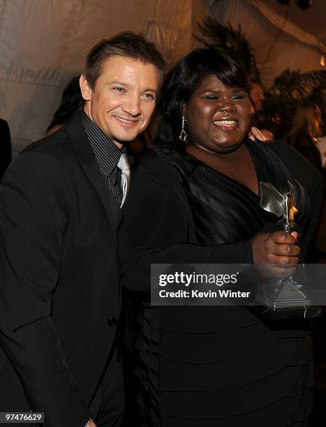 Actor Jeremy Renner and actress Gabourey Sidibe, winner of the 2010 Best Female Lead Actress award backstage at the 25th Film Independent's Spirit...