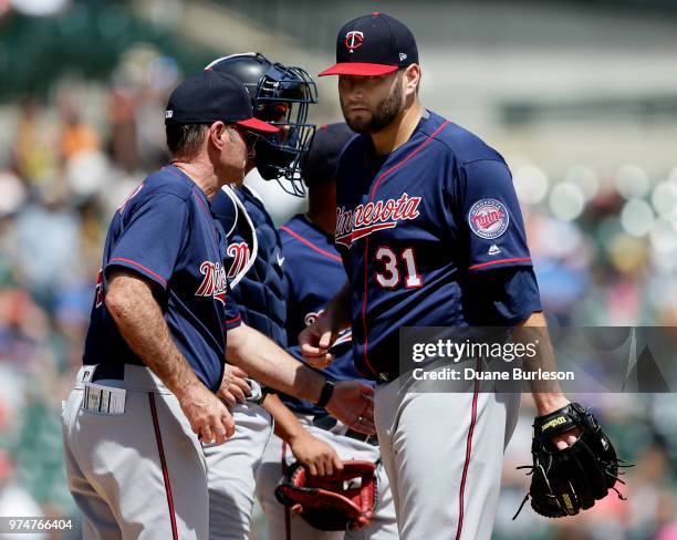 Lance Lynn of the Minnesota Twins is pulled by manager Paul Molitor of the Minnesota Twins during the seventh inning at Comerica Park on June 14,...