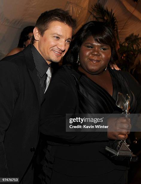 Actor Jeremy Renner and actress Gabourey Sidibe, winner of the 2010 Best Female Lead Actress award backstage at the 25th Film Independent's Spirit...