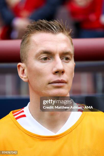 Andrey Semenov of Russia stands for the anthems prior to the 2018 FIFA World Cup Russia group A match between Russia and Saudi Arabia at Luzhniki...