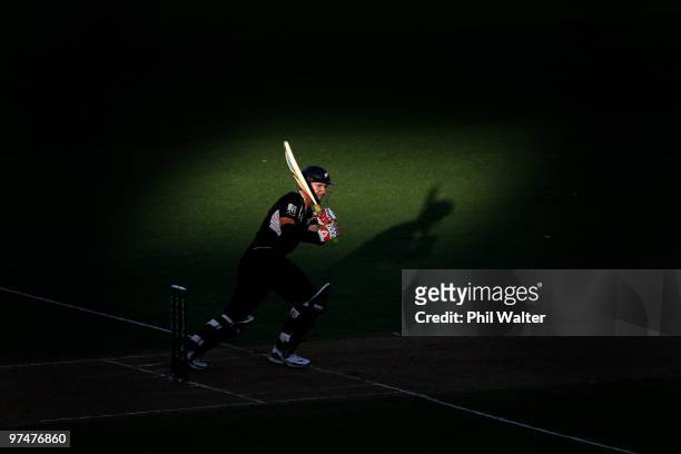 Daniel Vettori of New Zealand bats during the Second One Day International match between New Zealand and Australia at Eden Park on March 6, 2010 in...
