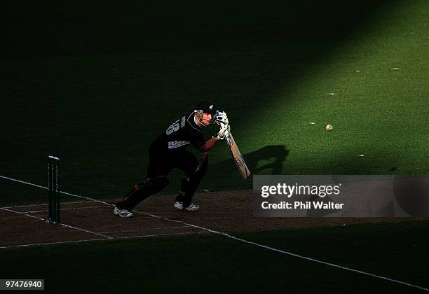 Gareth Hopkins of New Zealand bats during the Second One Day International match between New Zealand and Australia at Eden Park on March 6, 2010 in...