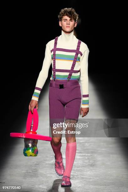 Model walks the runway at the Polimoda show during the Pitti Uomo 94 on June 12, 2018 in Florence, Italy.